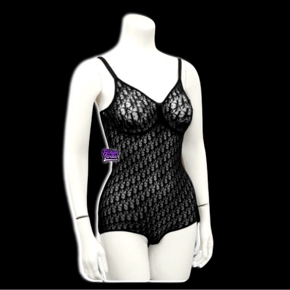 Dior 80โs Vintage Monogram Oblique Jacquard Trotter Black Sheer Logo Bodysuit - Picture 7 of 16